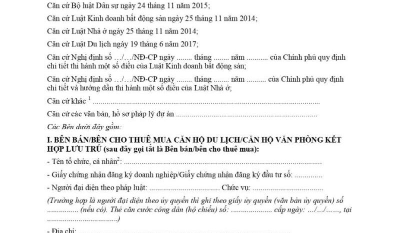 Mẫu hợp đồng mua bán Condotel có thể thay đổi theo thời gian